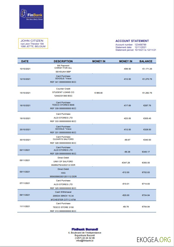 Modèle de relevé de la Finbank du Burundi, format Word et PDF
